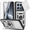 Case and 2 Tempered Glasses for Xiaomi 14T, Rigid Shockproof with Stand and Lens Protection - Silver
