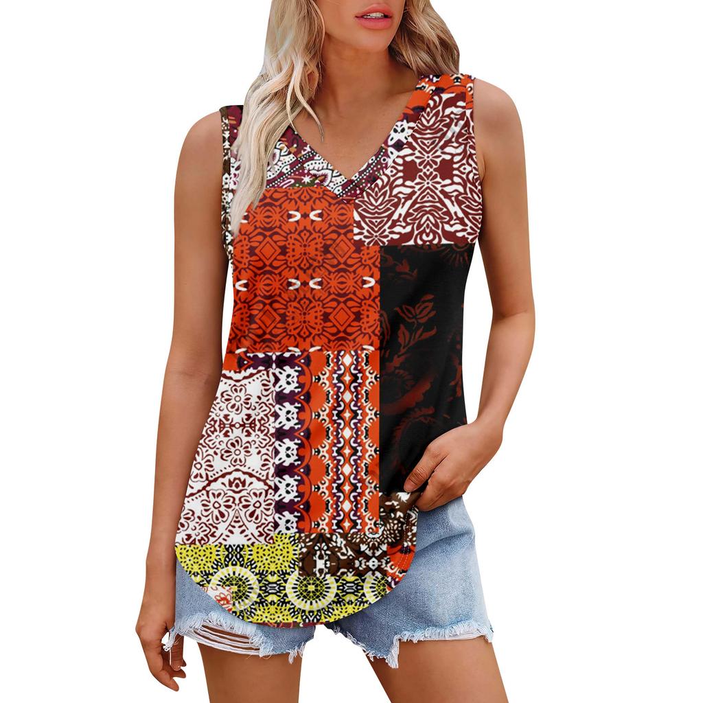 Женская майка с V-образным вырезом и принтом, повседневная майка, свободный крой, топы без рукавов, струящиеся