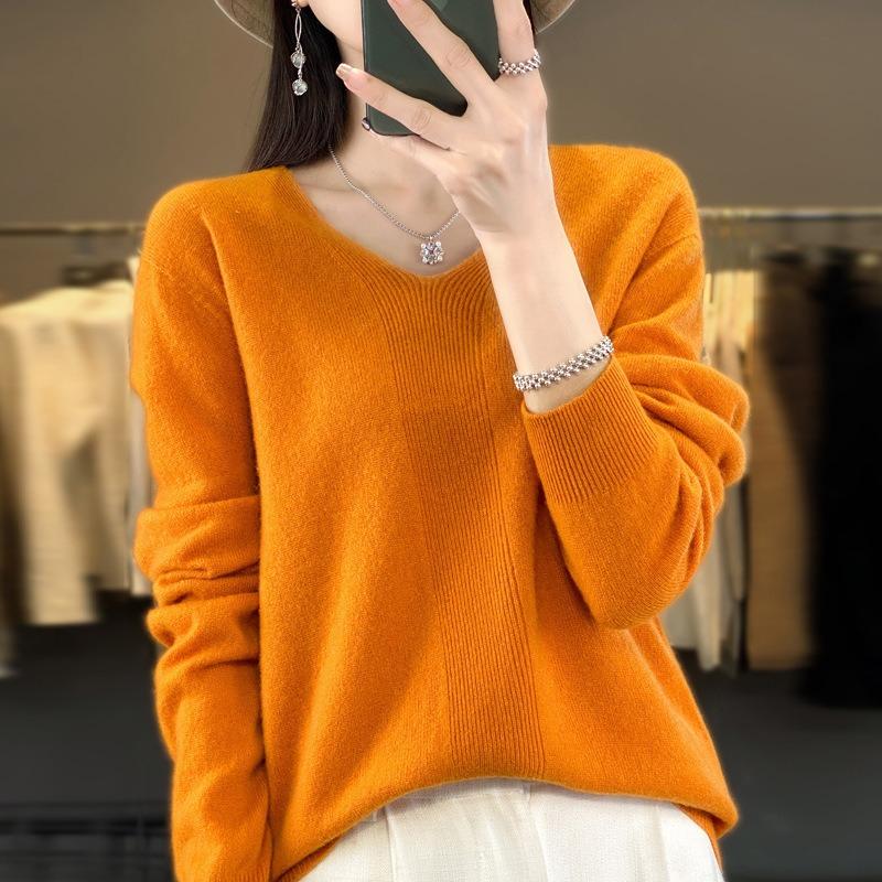 Весенне-осенний женский вязаный свитер с v-образным вырезом и длинными рукавами, однотонный пуловер, тонкий верх, нежная ветровая трикотажная нижняя рубашка