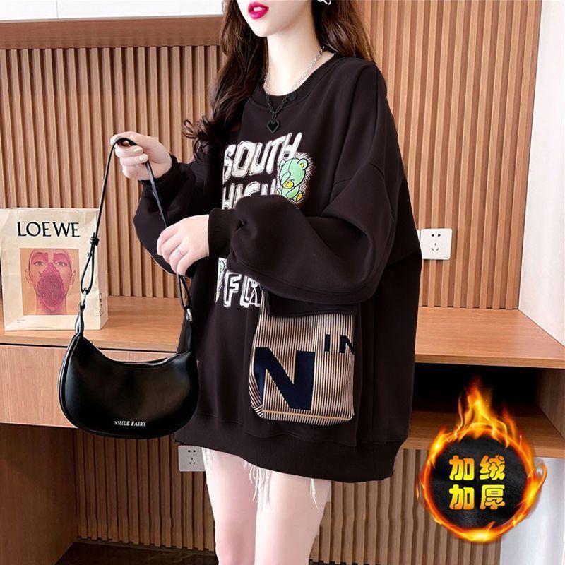 Thick Velvet Mid-length Sweatshirt for Women In Autumn and Winter Versatile Pocket Splicing Top