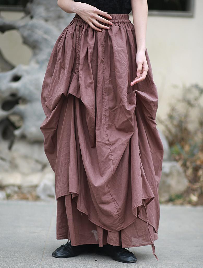 Johnature Women Vintage Irregular Skirts Elastic Waist Solid Color Summer Fold Female Skirts