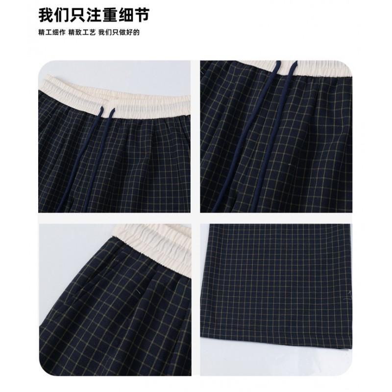 Unisex Navy Blue Plaid Cotton Loose Straight Leg Pants Lightweight Casual Trousers Teens Adults