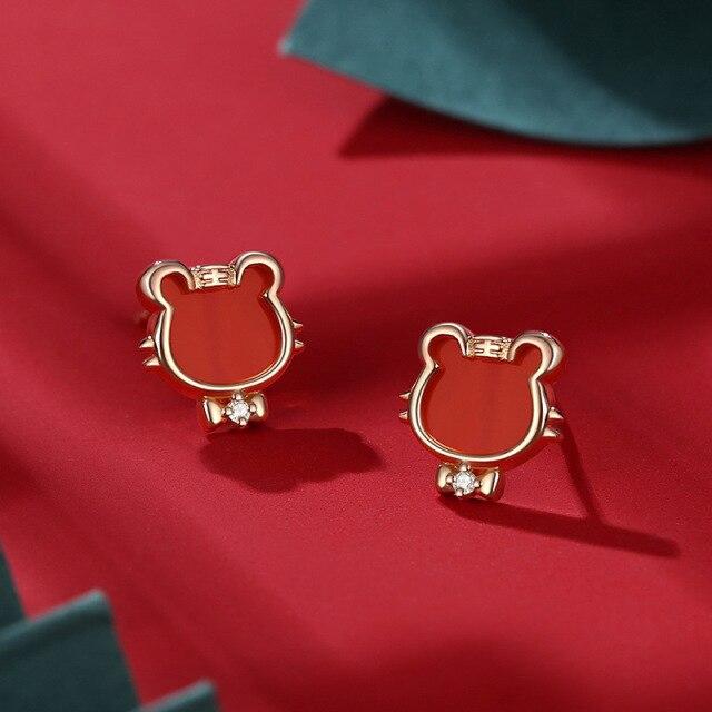 Chinese Style Original New Year Of The Tiger Zodiac Earrings Female S925 Sterling Silver Niche Design Red Agate Women Earrings
