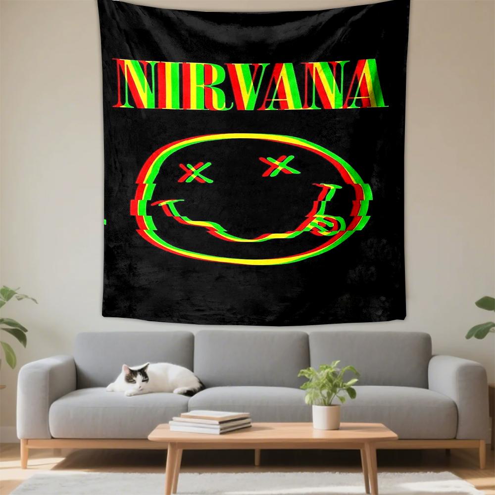 Nirvana Logo with Neon Smiley Design Patterned tapestry for bedroom and living room home decor