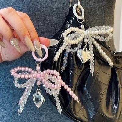 Y2K Bowknot Pearls Сумка Подвеска Шарм Сердце Брелок Элегантный Бисерный Брелок Милый Бантик Телефон Брелок