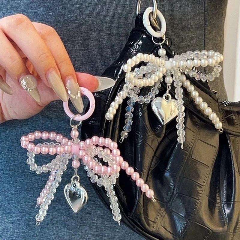 Y2K Bowknot Pearls Bag Pendant Charm Heart Keychain Elegant Beaded Keyring Sweet Bow Phone Key Chain