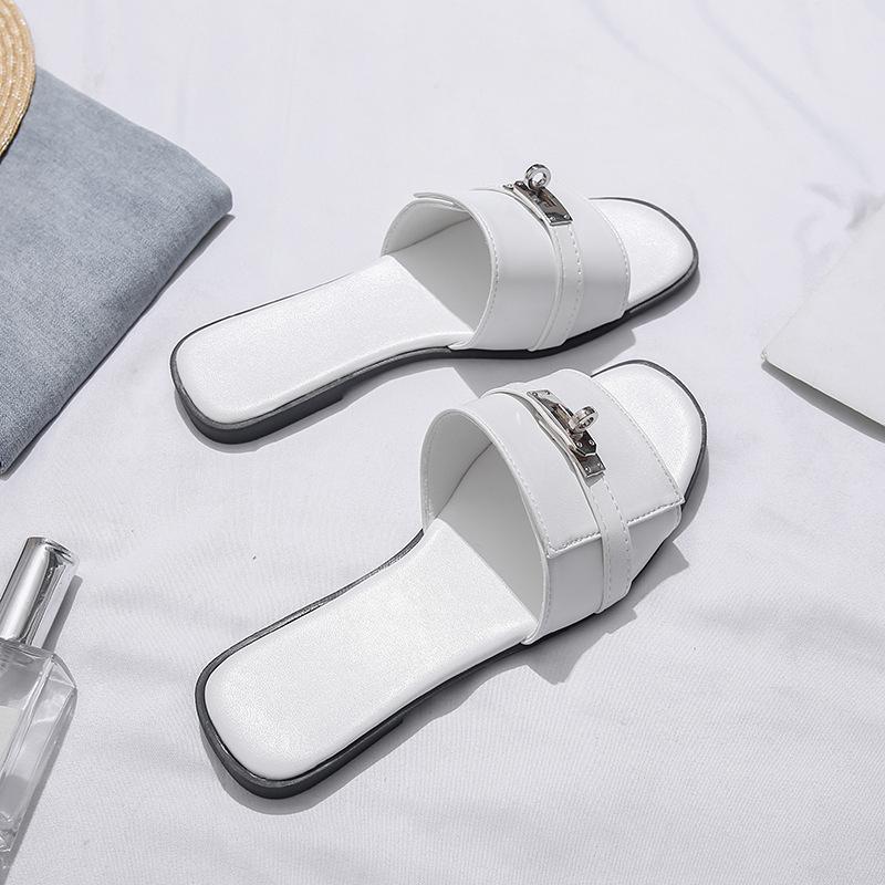 35-45 Large Size Korean Version of Small Silver Buckle One-word Drag 2024 Summer French Flat-bottomed Cool Slippers Half Slippers Outer Wear
