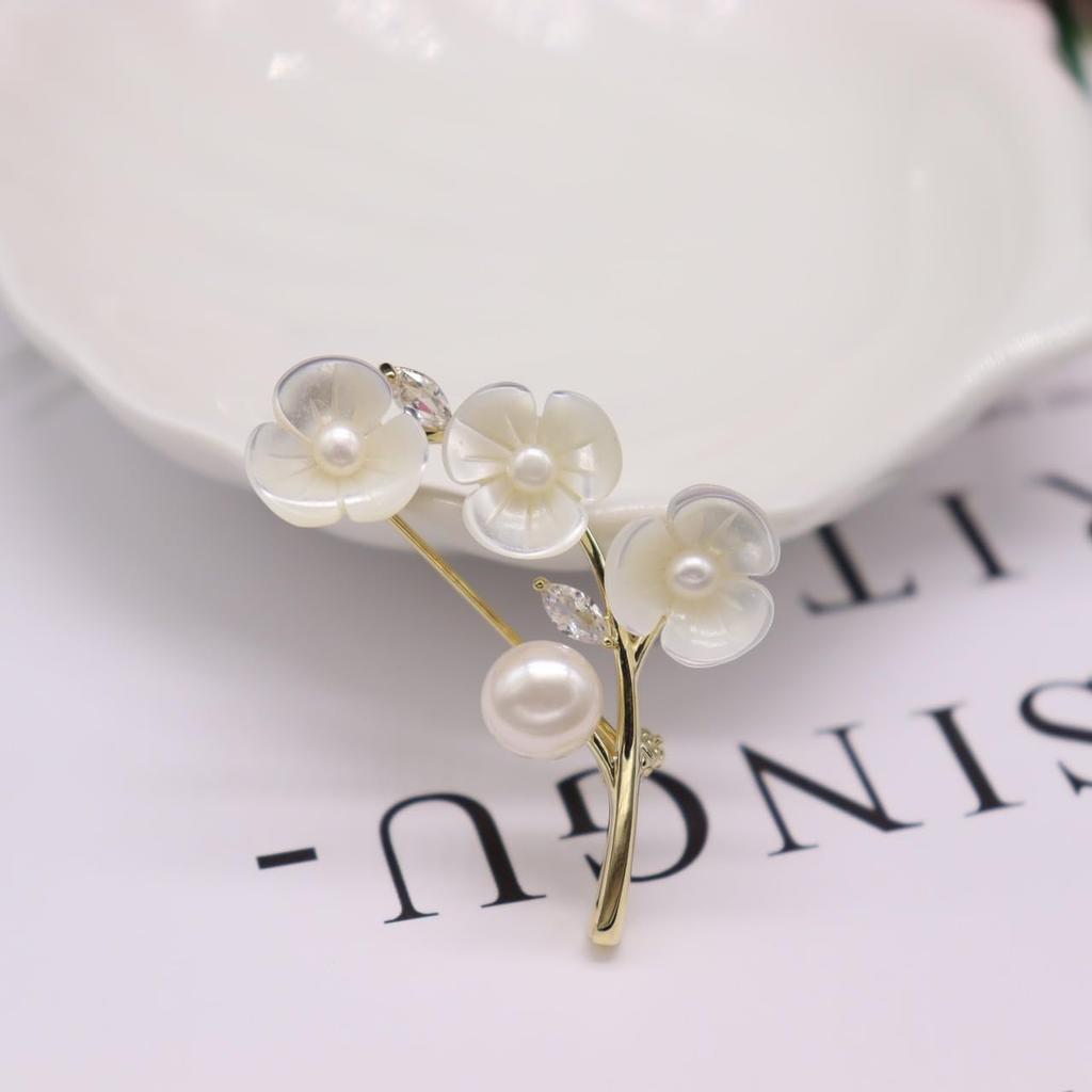 Циркон Натуральная морская ракушка Сливовый цветок Брошь Бриллиантовый пресноводный жемчуг Цветочный корсаж Входная церемония Выпускной церемония Свадебная церемония Стильная