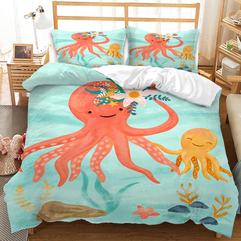 Octopus Pattern Bedding Set HD Digital Printing Marine Animal Duvet Cover 2/3 Pieces EU135 * 200 Child Room Soft Machine Washable Home Decoration