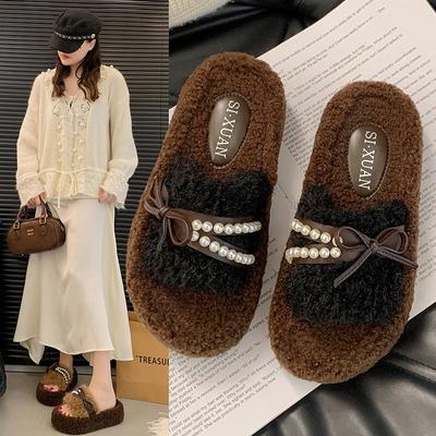 Жемчужный бант толстоподошвенные пушистые тапочки для женской носки новые осенне-зимние комнатные домашние хлопковые тапочки
