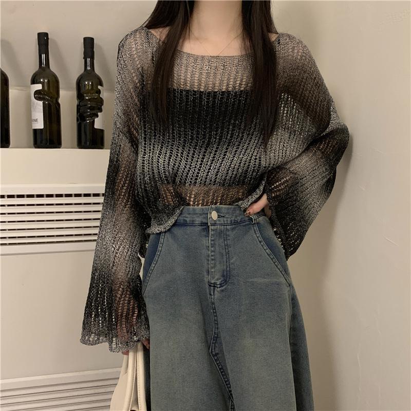 Black Mesh Hollowed Out Sun Protection Knitted Sweater for Women's Summer Short and Thin Cover Up Women's Clothing