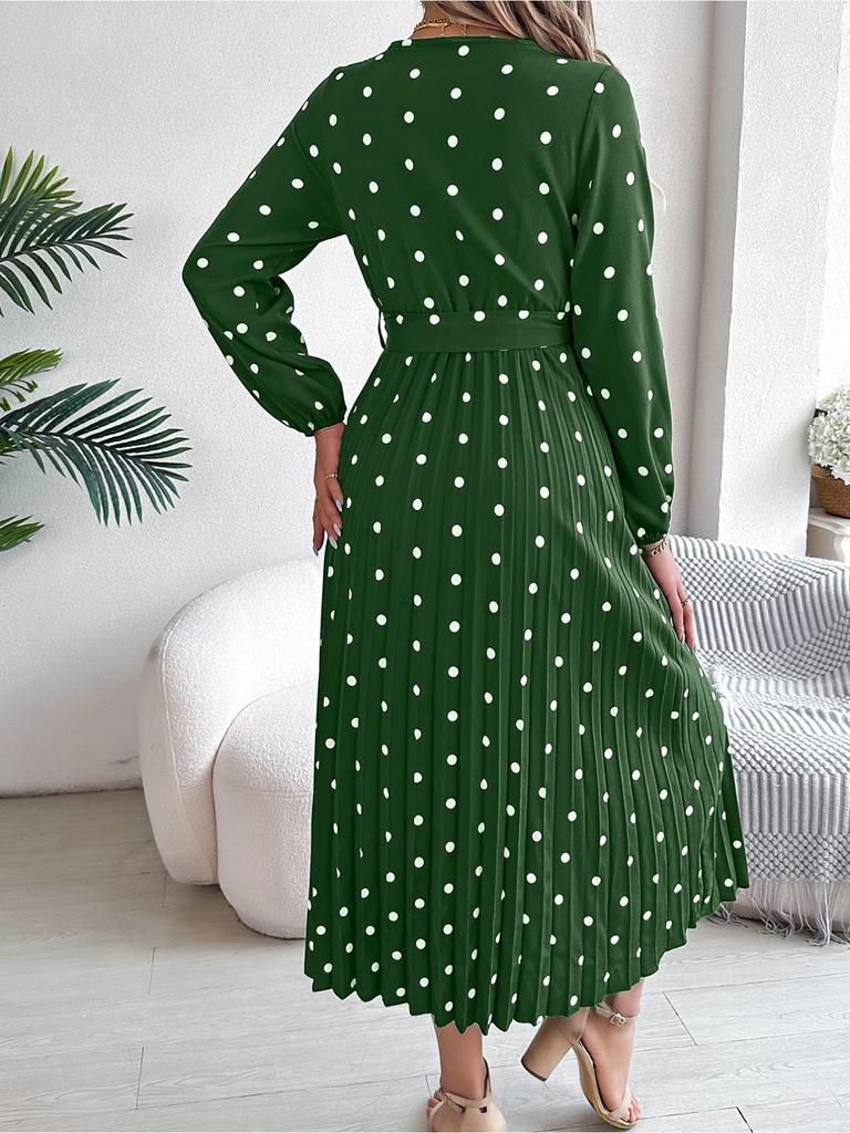V Neck Printed Overlapping Dress Waist Hugging  Elegant Pleats Wave Point Dress for Women Long Sleeve Loose Dresses Causal Dress