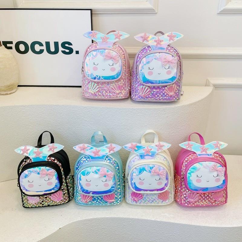 Children Backpack Girls With Shiny Shell Mermaid Tail For Kindergarten Use