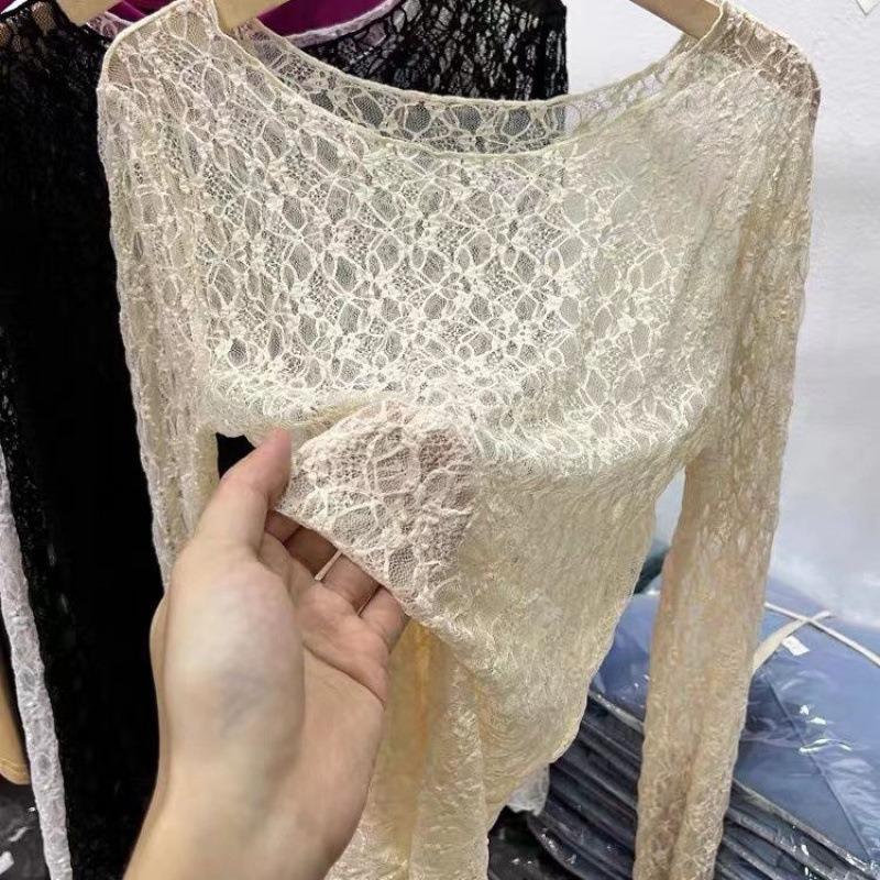 Женская сексуальная кружевная блузка с круглым вырезом, слегка прозрачная, с длинным рукавом, цветочная, свободная, новая, сексуальная, прилегающего силуэта, нижний слой, топы, милые, просвечивающие футболки