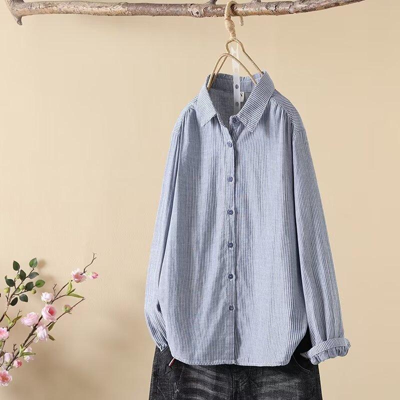 Рубашка в полоску из чистого хлопка в стиле ретро, женская двухслойная рубашка из хлопчатобумажной марли с длинными рукавами, универсальная рубашка на весну и осень, блузки и рубашки