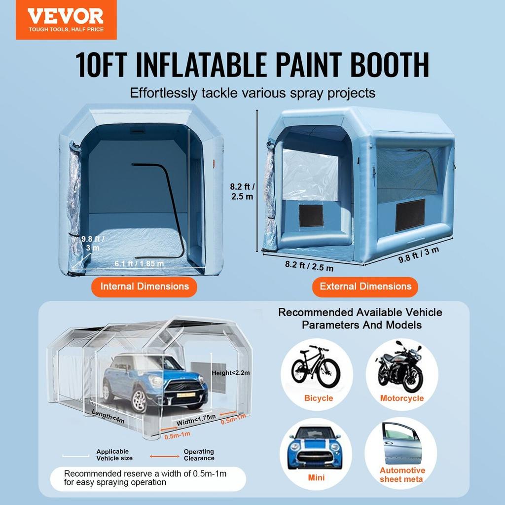 Inflatable Paint Booth, 9.8 x 8.2 x 8.2 ft Inflatable Spray Booth, with 550W Powerful Blower and Air Filter System, Portable Car Paint Booth for