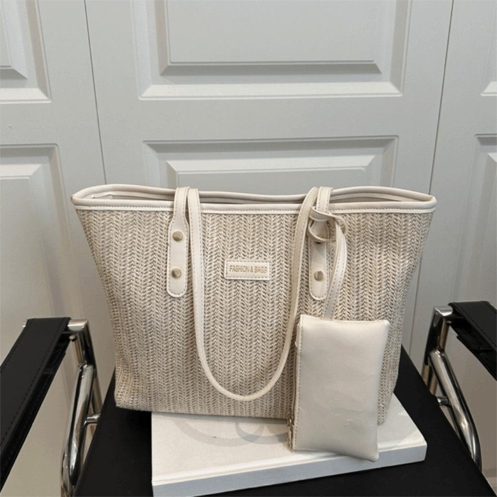 PU Weave Tote Bag Solid Color Beach Straw Handbag Simple Straw Shoulder Bag Women