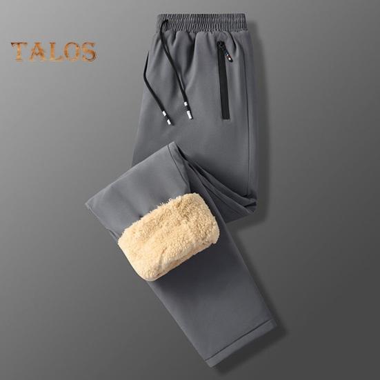 Winter Men Pants Thick Fleece Drawstring Elastic Waist Heat Retention Zipper Pockets Solid Color Warm Sport Travel Work Trousers