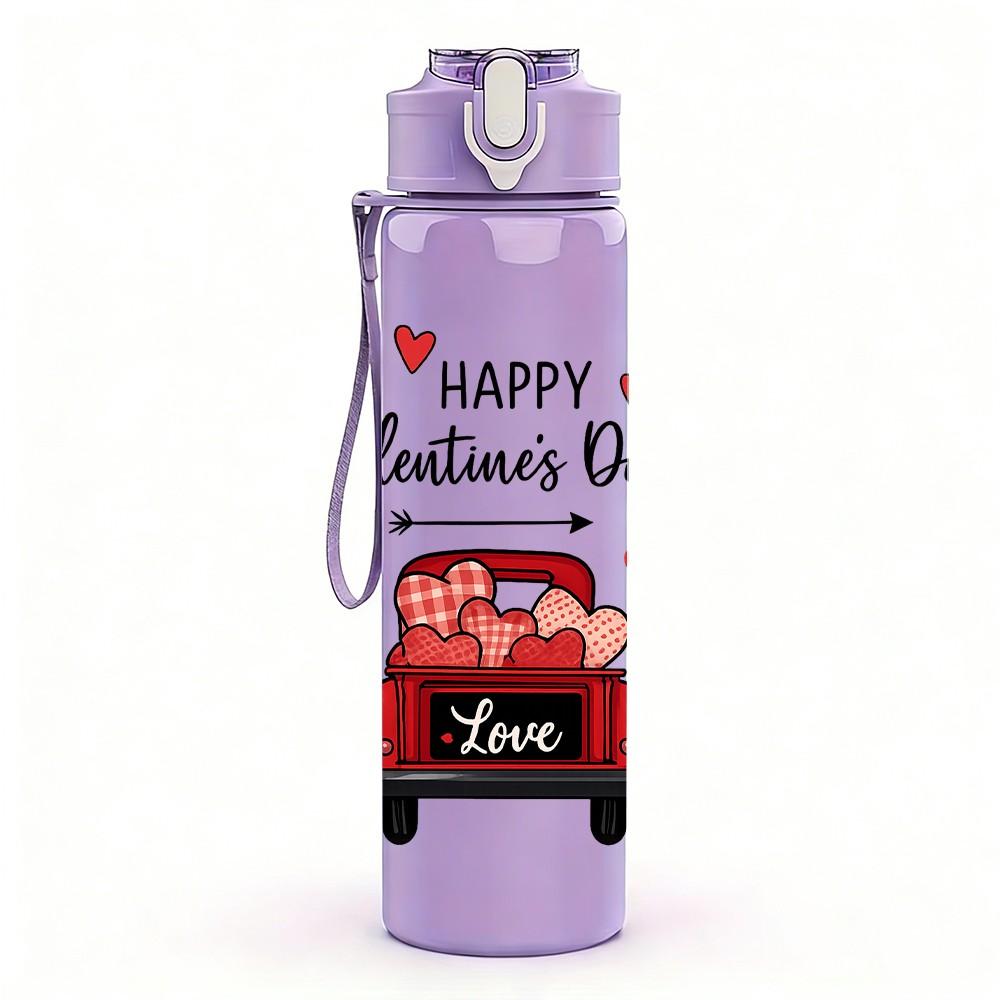 1PC Happy Valentines Day Red Truck Pattern 750ml Color Plastic Sports Water Bottle Leakproof Flip Straw Lid Suitable for Sports Office Home Use