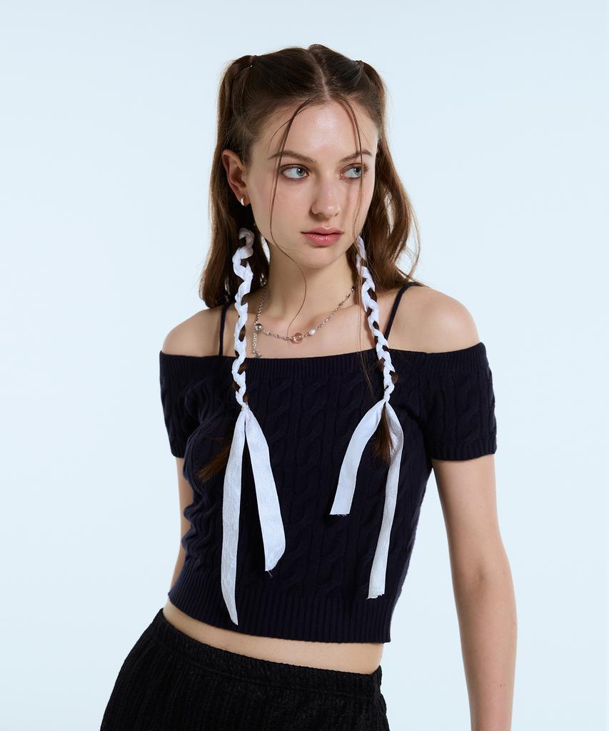 LARTIGENT L11 Cable Off Shoulder Knit(Navy)
