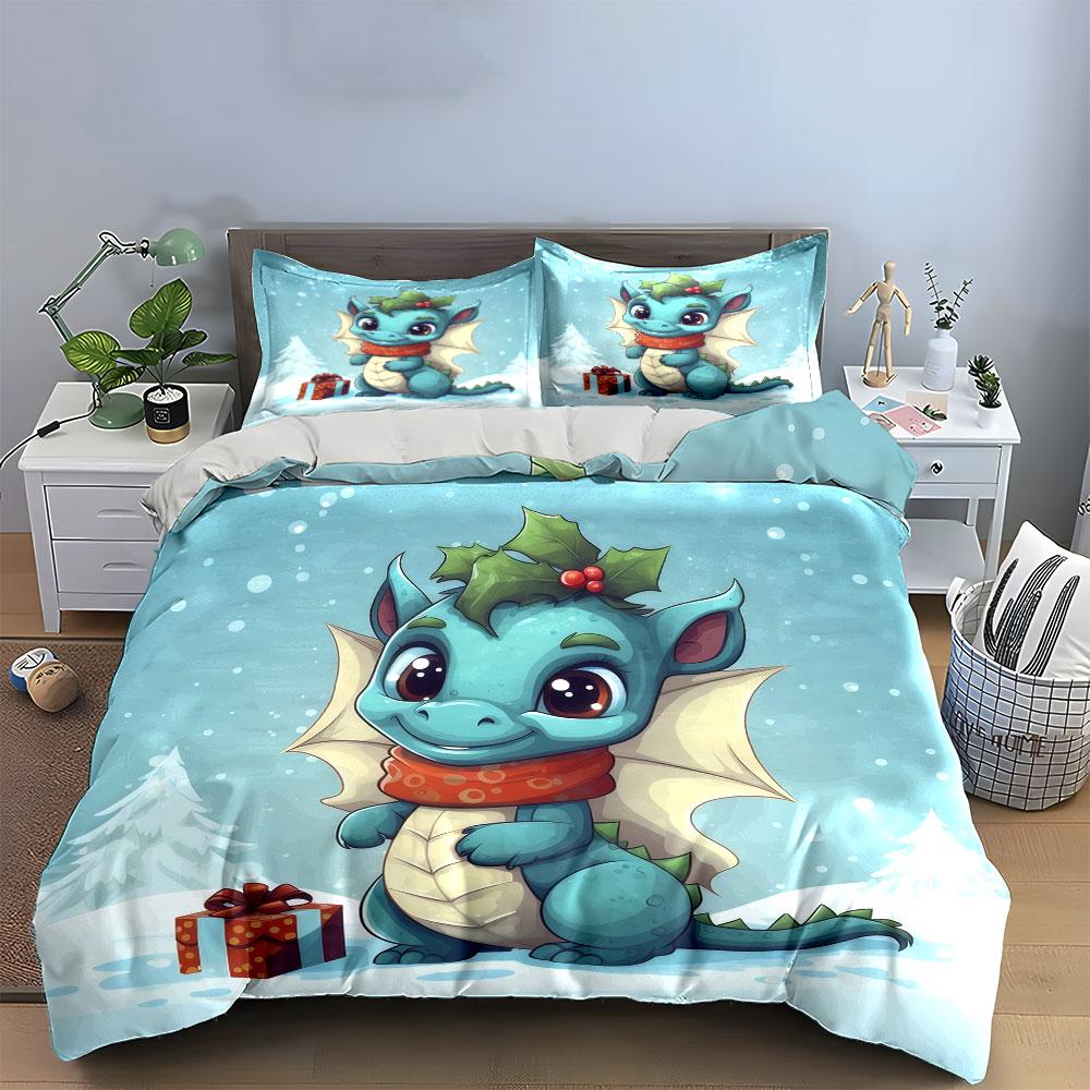 Cute Dragon with Gift Design Bedding Duvet Cover Set (1*Duvet Cover 2*Pillowcases, without duvet insert)