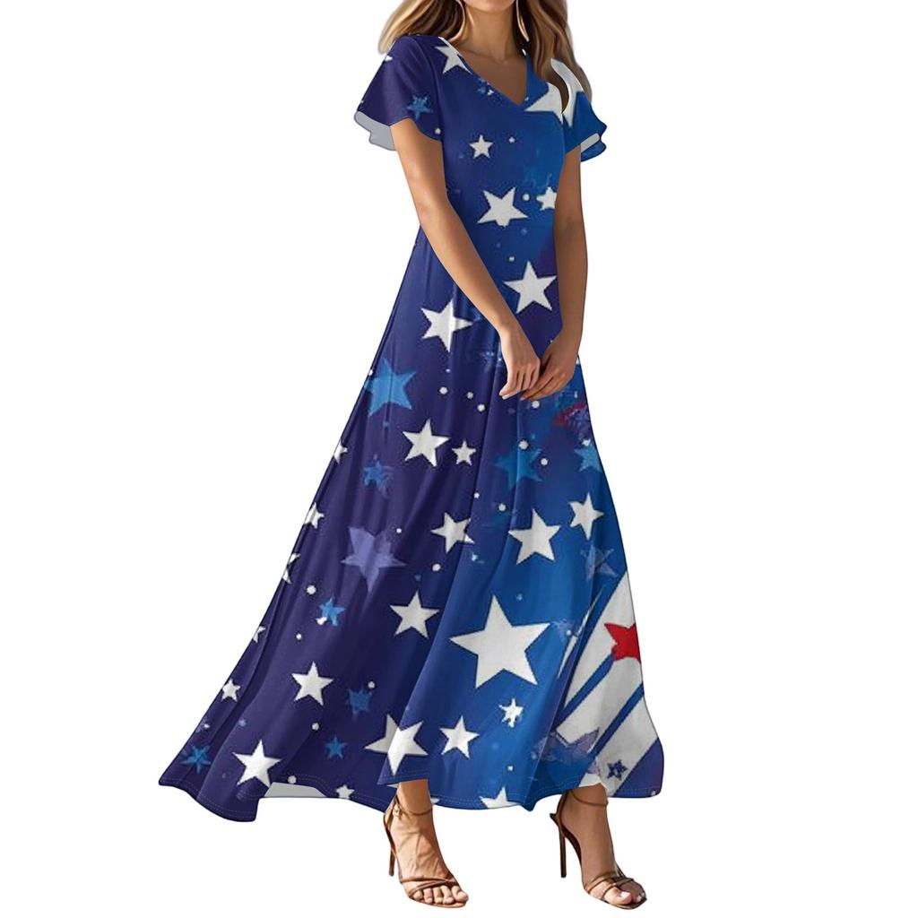 Женские повседневные модные длинные платья с принтом, платья с V-образным вырезом и коротким рукавом