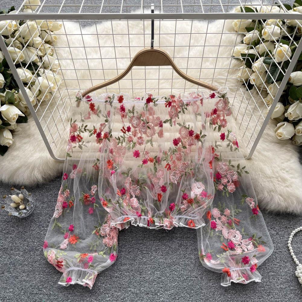 Женские рубашки с открытыми плечами Топы с длинным рукавом-фонариком Прозрачный кружевной пуловер Блузка с цветочным принтом Рубашка Блузки