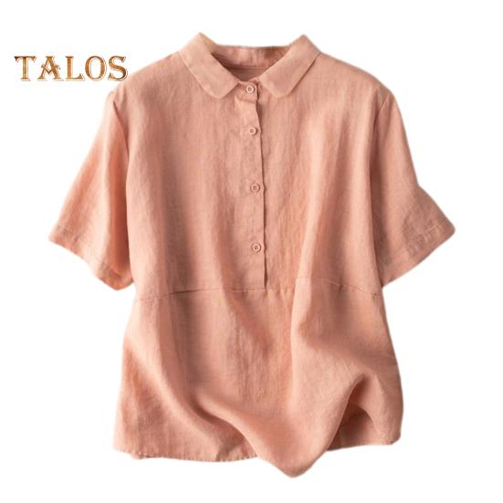 Женская повседневная рубашка с кукольным воротником и пуговицами, рубашка с коротким рукавом и однобортной однобортной однотонной рубашкой свободного покроя