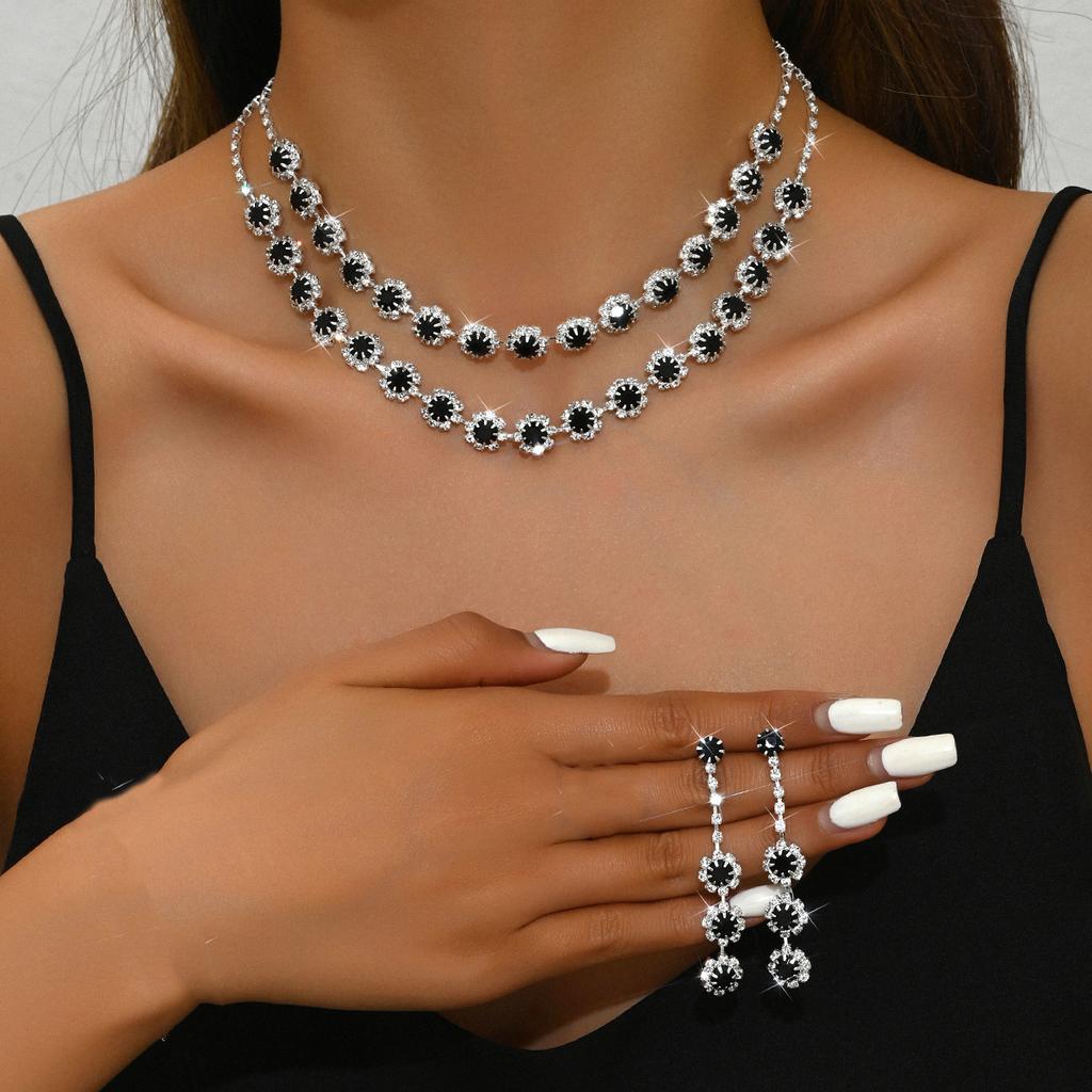 Women Inlaid Rhinestone Chain Necklace Earrings Bracelet Wedding Party Festival Gift