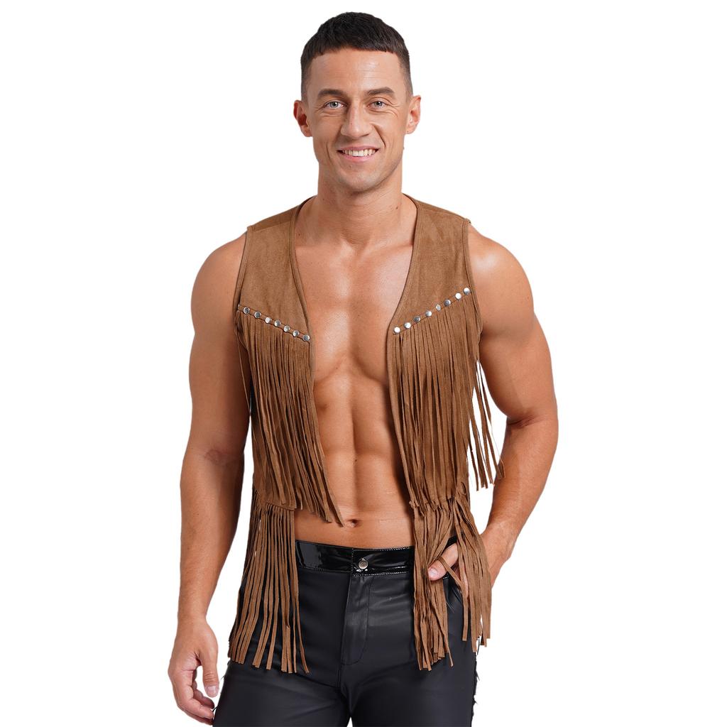 Mens Western Cowboy Vintage Faux Suede Tassel Vest Tops Open Front Rivets Fringe Waistcoat Jacket Festival Rave Party Clubwear
