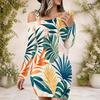 Women Plus Size One Shoulder Long Sleeve Leaf Printed Bodycon Mini Dress