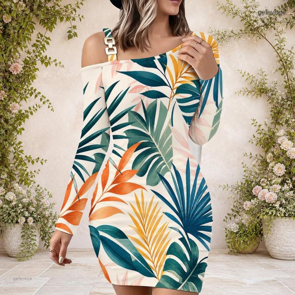 Women Plus Size One Shoulder Long Sleeve Leaf Printed Bodycon Mini Dress