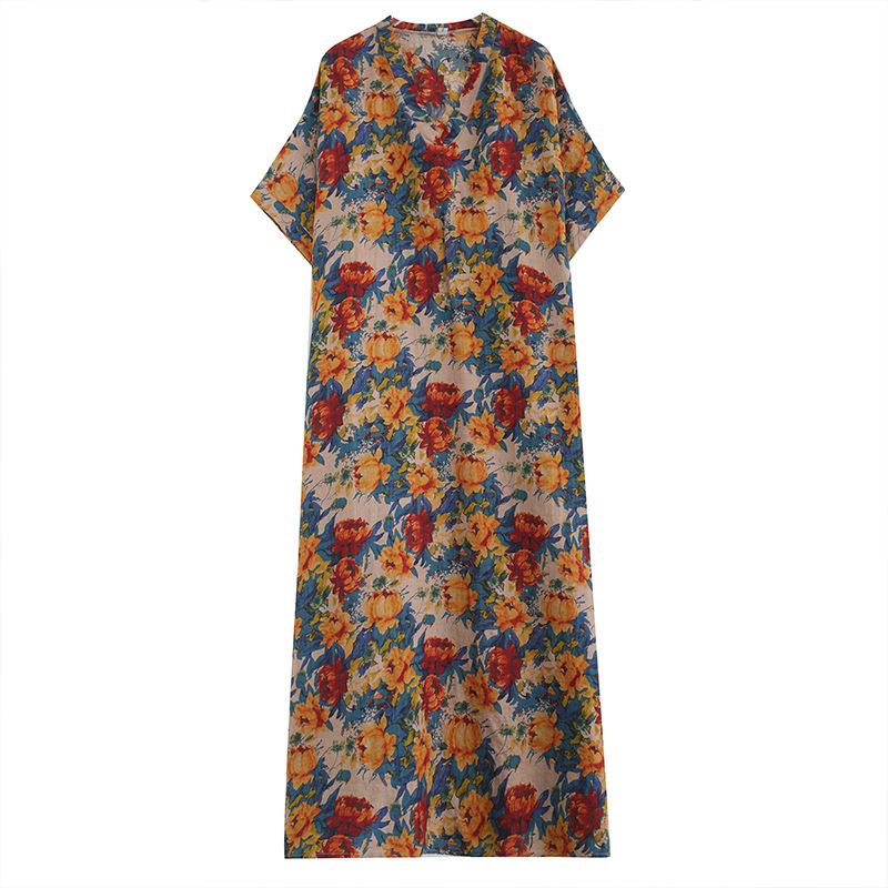 Летнее платье с V-образным вырезом из хлопка и льна свободного кроя