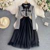 Autumn Winter High Grade Vintage Robe Femme Turn Down Collar Plaid Chic Buttons Slim Waist Party Dresses Mesh Patchwork Vestidos