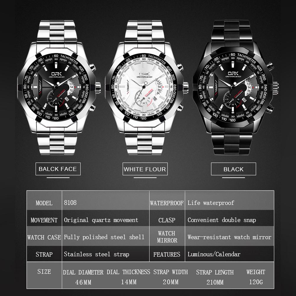 OPK 8108 Men's Calendar Week Quartz Watch with Waterproof and Steel Strip