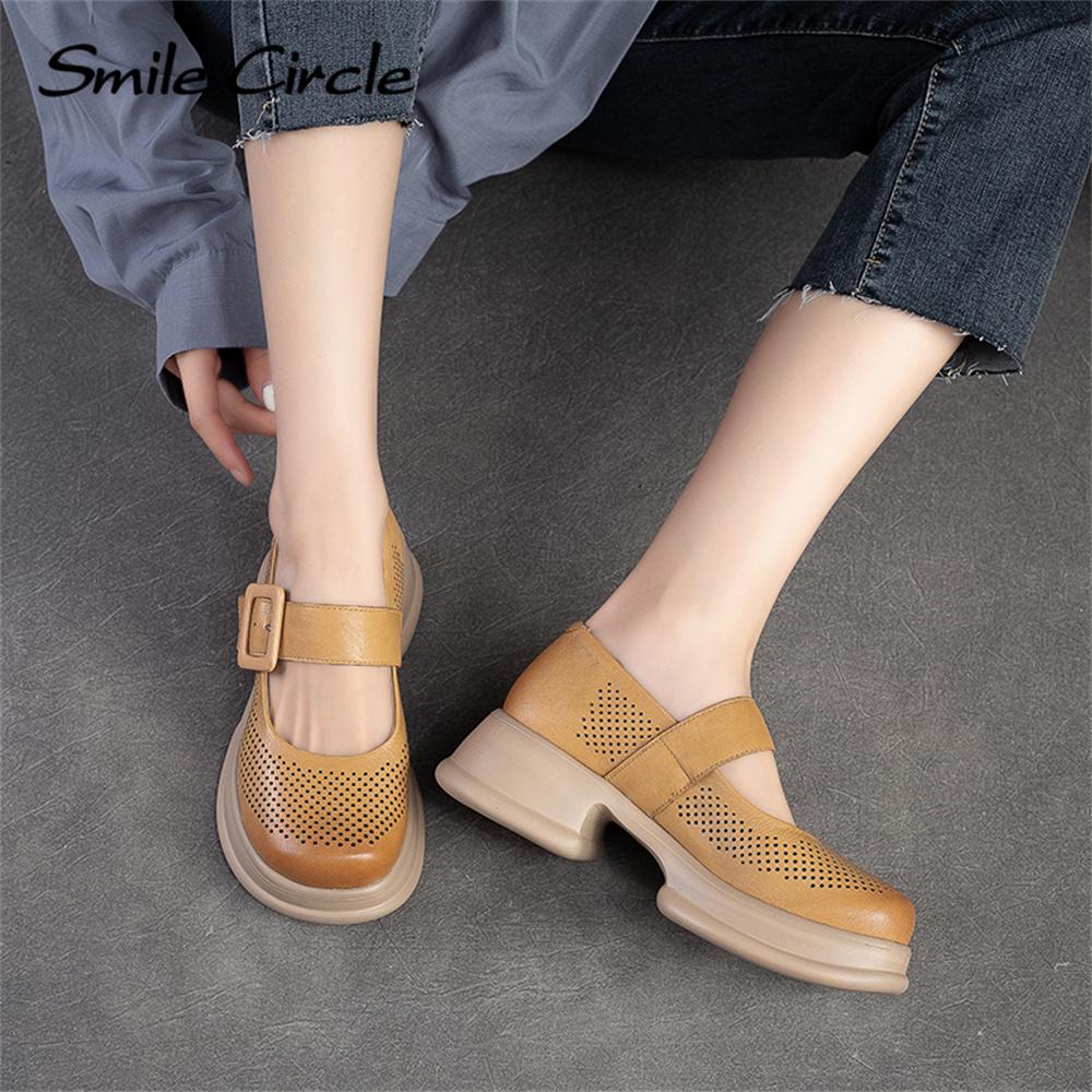 Женские сандалии Мэри Джейн из натуральной кожи, туфли на плоской подошве с круглым носком, модная женская повседневная обувь с пряжкой