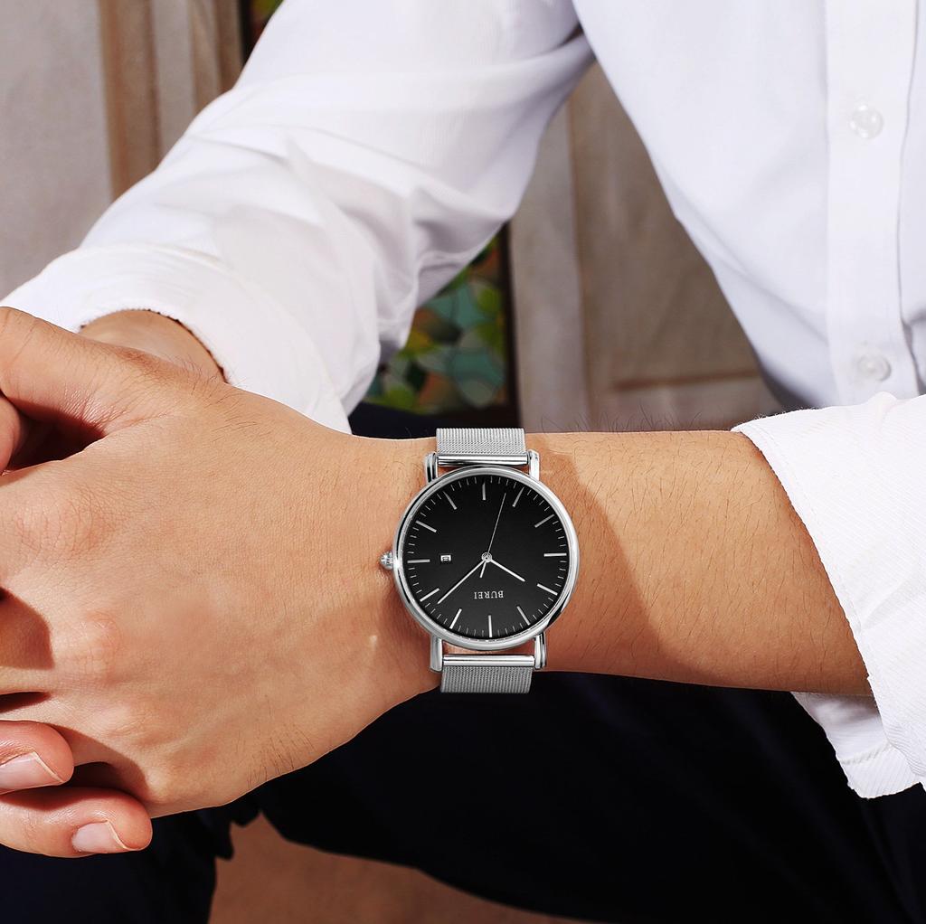 BUREI Men's Analog Quartz Waterproof Date Watch Silver Milanese Mesh Business Stylish Simple Black
