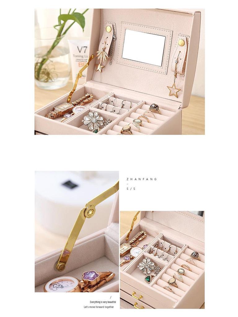 Трехслойная шкатулка для украшений из ПУ кожи с двойными выдвижными ящиками - Решение для хранения в стиле принцессы