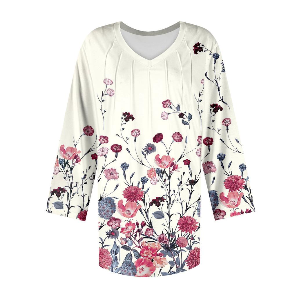 Women's Casual Tops V Neck Pull Stripe Prints Seven Sleeve Tops