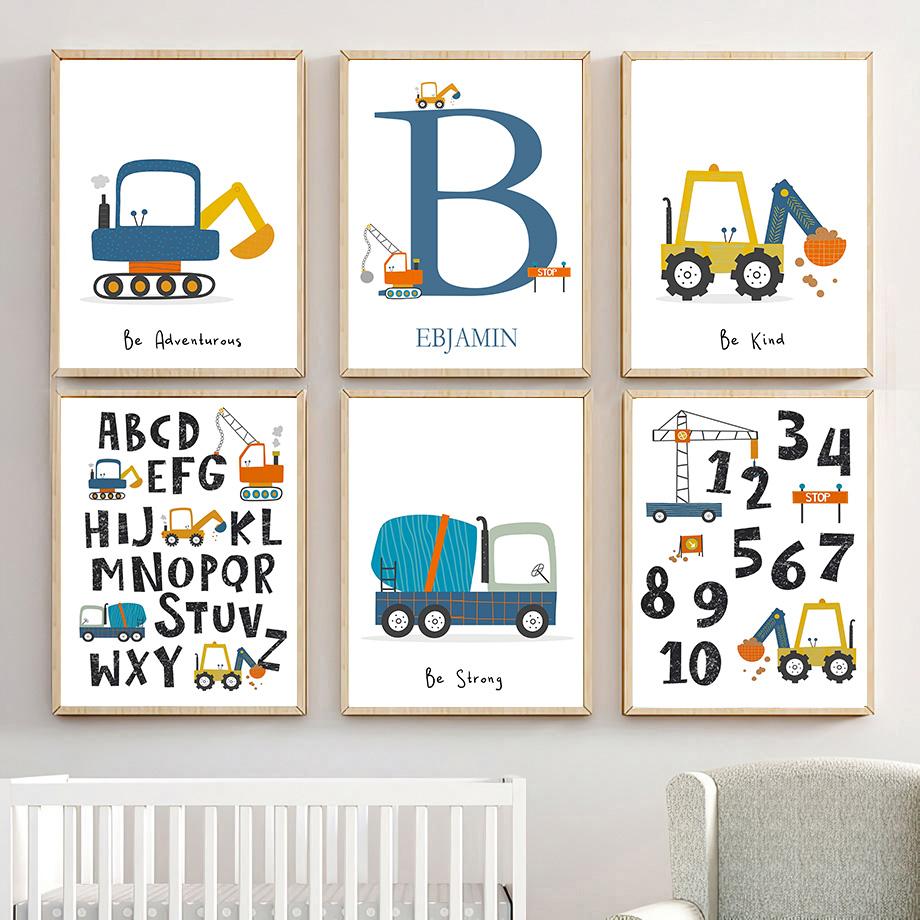 Экскаватор-кран, грузовик, алфавит, номер, имя, на заказ, настенное искусство, холст, живопись, постеры и принты, фотографии для декора детской комнаты