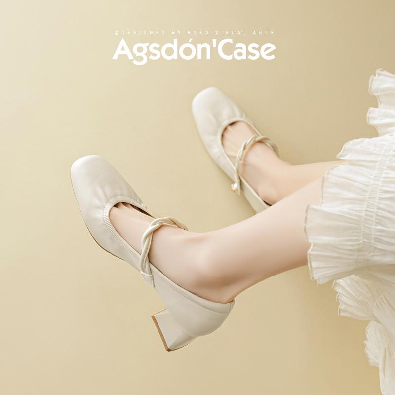 Августин французские туфли-лодочки женские 2025 новая летняя модель с мелким вырезом Мэри Джейн на толстом каблуке с юбкой квадратный носок маленькие кожаные туфли