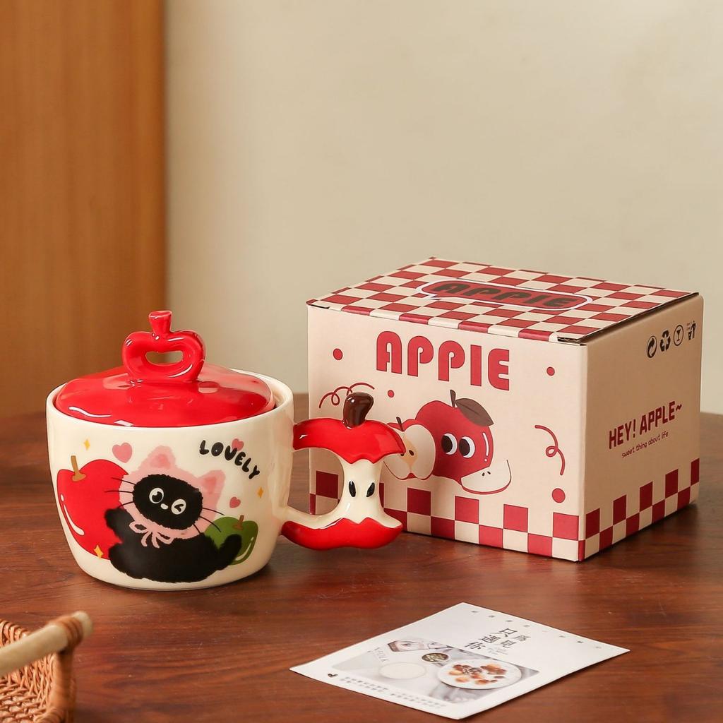 Керамическая чашка с крышкой в виде кота Apple для девочек, подарочная чашка для дома, кружка для парного молочного завтрака