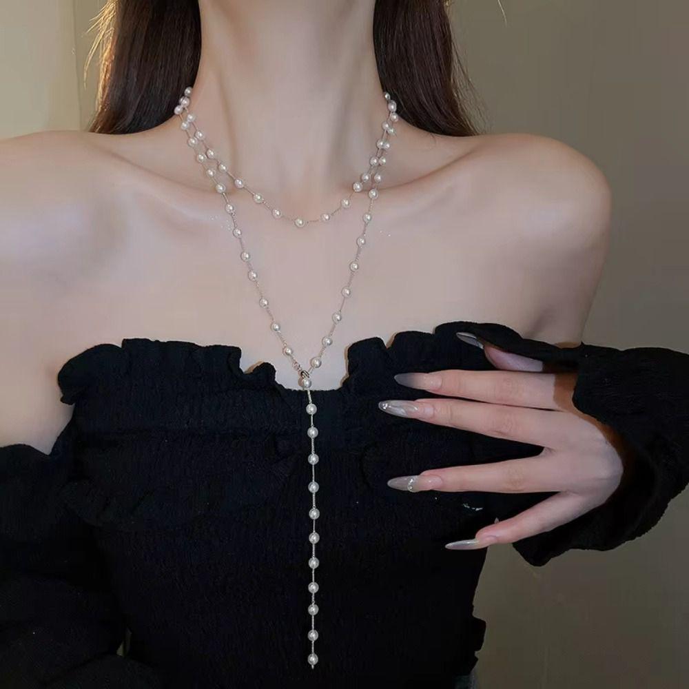 Fashion Sweater Chain Simulated Pearl Collarbone Chain Elegant Long Pearl Necklace  Beach