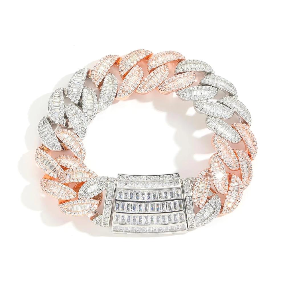 Fashion Hip Hop Jewelry 20mm Wide Bling CZ Iced Out Baguette Zircon Two Tone Cuban Link Bracelet for Men