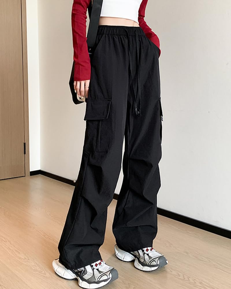 LUJPOIR Длинные брюки-карго с эластичным поясом и свободной посадкой, однотонные, женские, на осень, со шнурком, посадка, повседневные, посадка, цвет, весна, лето, -
