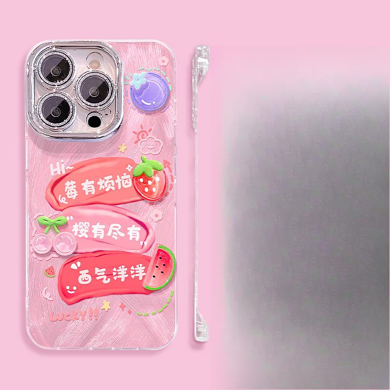 Ins Strawberry Doll Stand Applicable To Apple 16 Feather Yarn Frameless Mobile Phone Case 11 All Inclusive 13 Ultra Thin 15 Pro Women