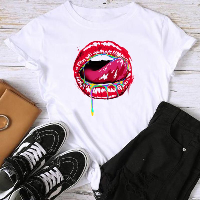 (Asian Size) Fashion Lip Watercolor Style 90s Trend Sweet Print Graphic Tee Female Casual T Clothing Casual Women's Top Short Sleeve T-shirt