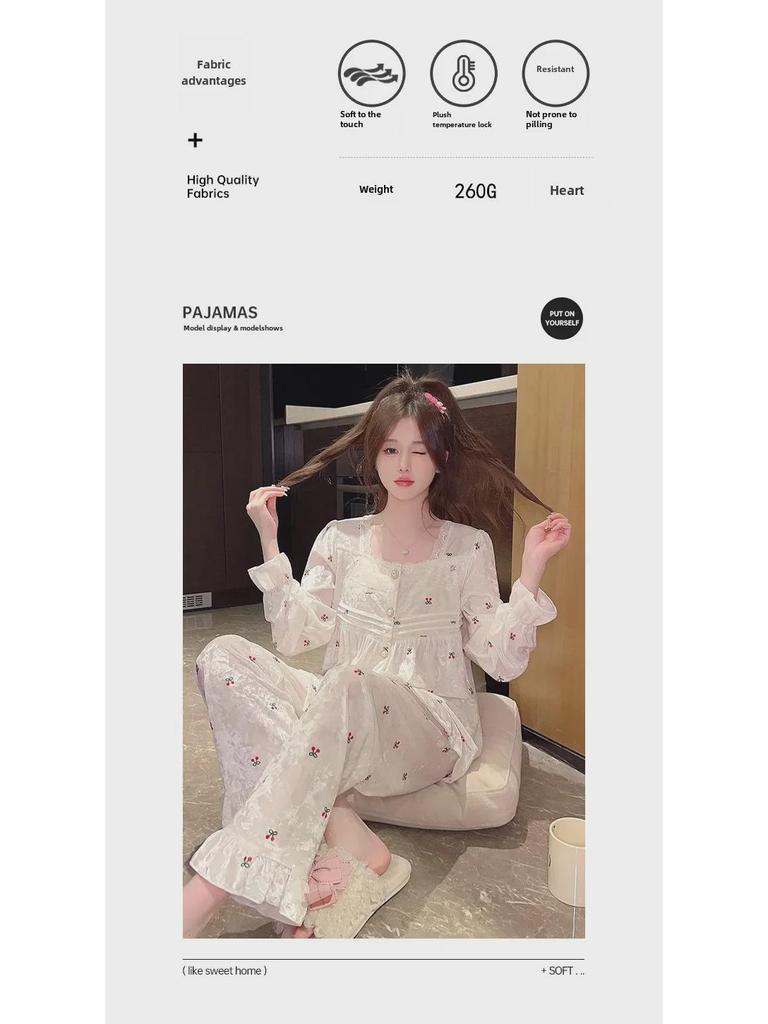 2024 Новый женский пижамный комплект из золотого бархата - плотный бархат цвета кораллового бриллианта для весны, осени и зимы