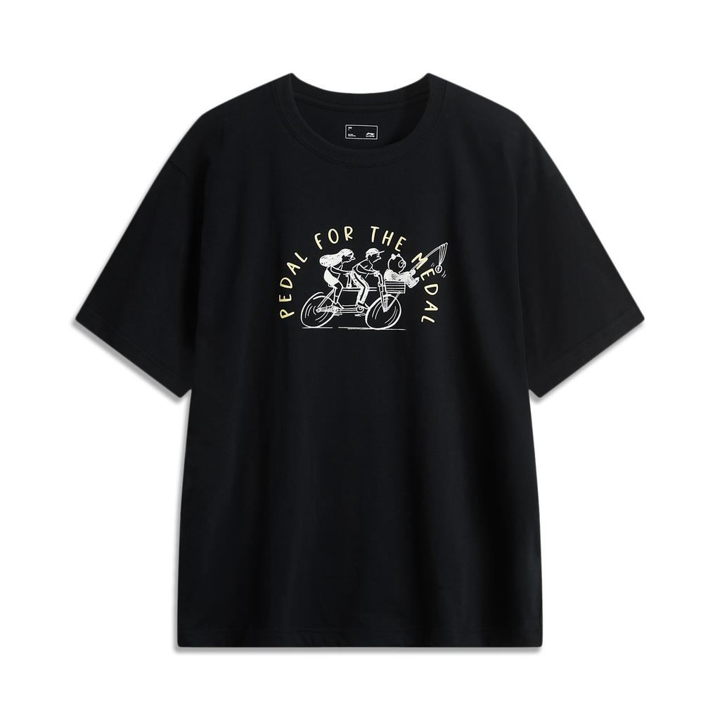 Li Ning Sports Lifestyle Series Logo Print Удобная дышащая универсальная футболка с круглым вырезом и коротким рукавом для мужчин, черные AHSUB99-4