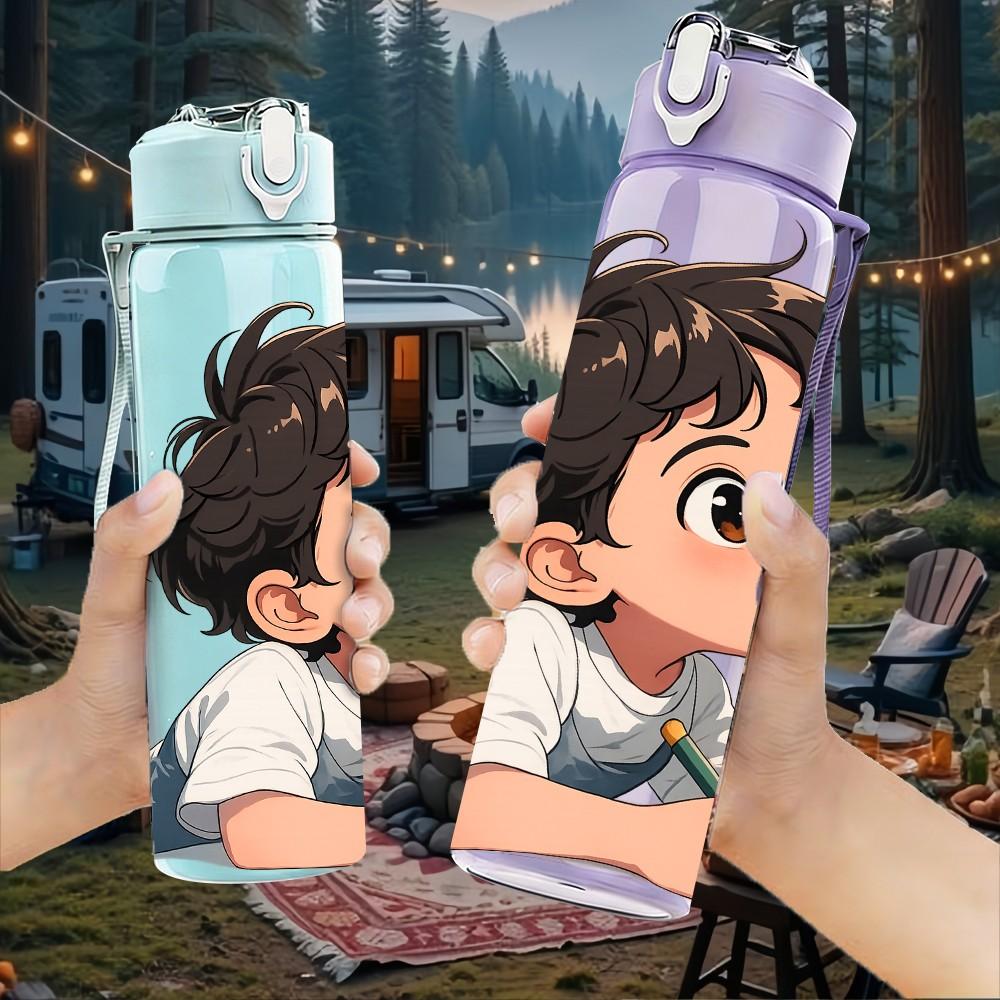 1PC Thoughtful Boy Kid Art Print 750ml Color Plastic Sports Water Bottle Leakproof Flip Straw Lid Suitable for Sports Office Home Use